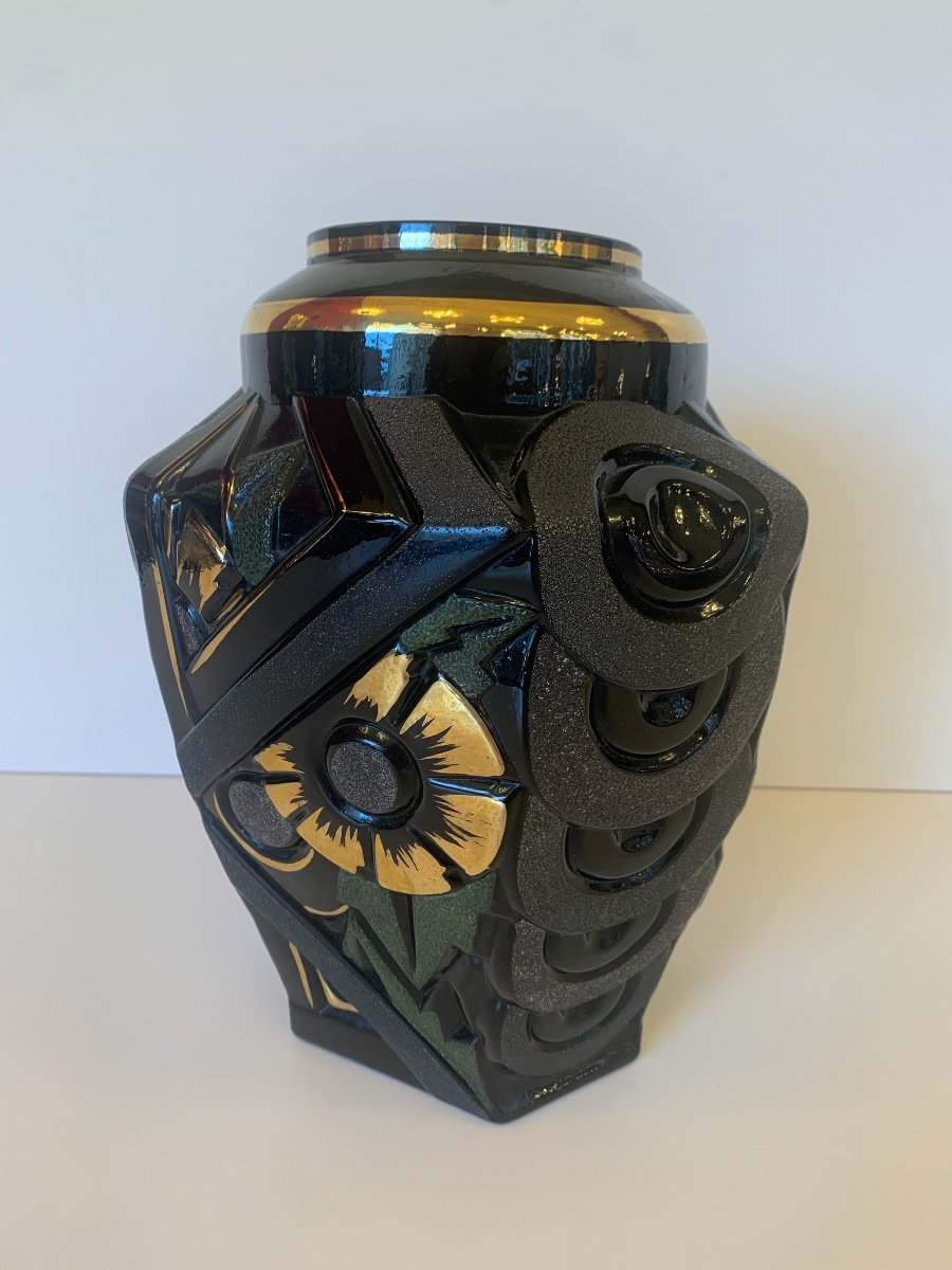 Splendid Art Deco Henri Heemskerk Vase In Black Hyalite Glass Signed (art Deco Vases 1930)-photo-5