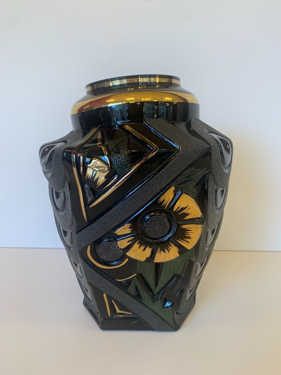 Splendid Art Deco Henri Heemskerk Vase In Black Hyalite Glass Signed (art Deco Vases 1930)