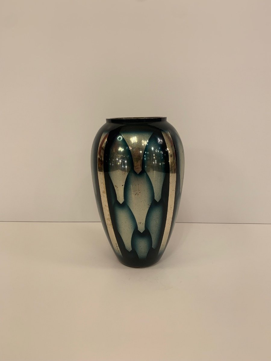 Vase Art Déco Géométrique  En Dinanderie Signé Obert ( Vases Art Deco 1930 ) -photo-4