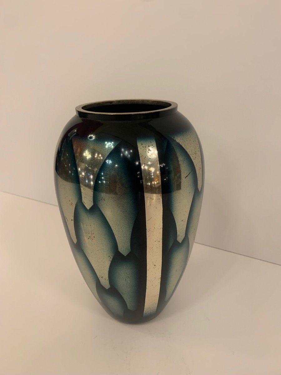Vase Art Déco Géométrique  En Dinanderie Signé Obert ( Vases Art Deco 1930 ) -photo-2