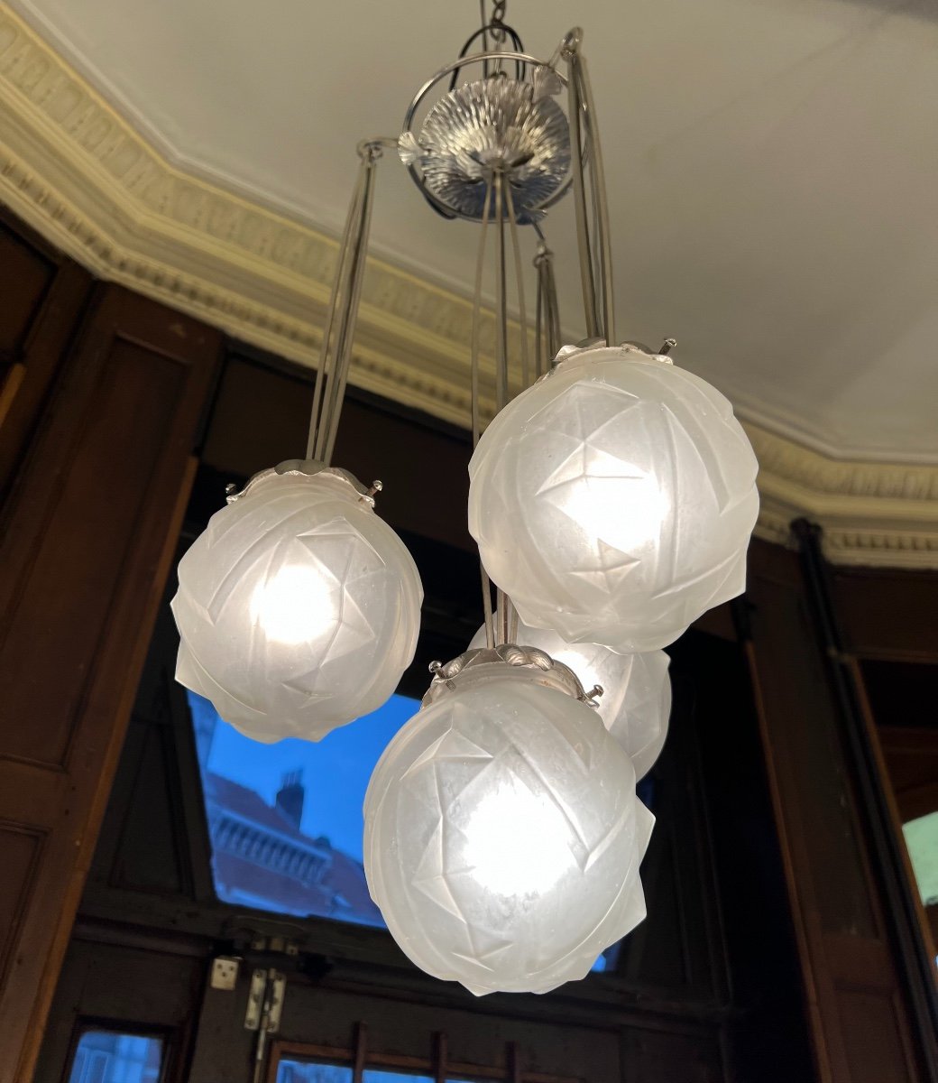 Rare Art Deco Chandelier "geometric Balls" Verrerie Des Vosges (art Deco Suspension 1930)-photo-2