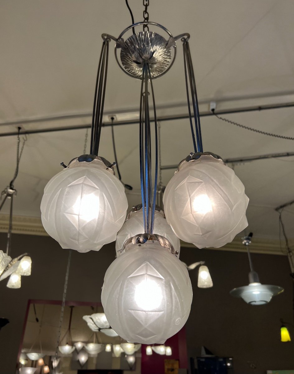 Rare Art Deco Chandelier "geometric Balls" Verrerie Des Vosges (art Deco Suspension 1930)-photo-1