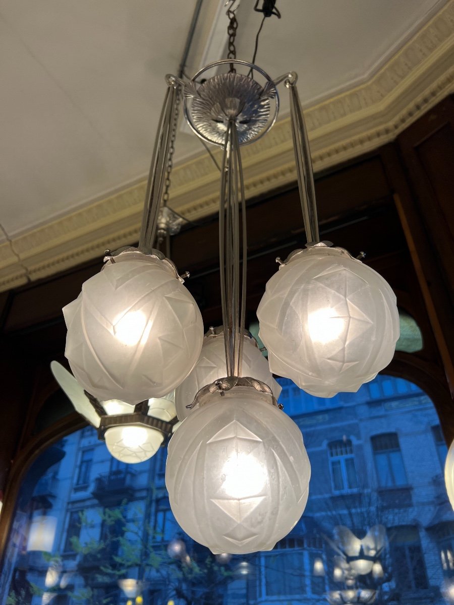 Rare Art Deco Chandelier "geometric Balls" Verrerie Des Vosges (art Deco Suspension 1930)-photo-2