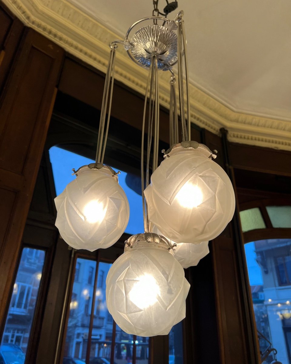 Rare Art Deco Chandelier "geometric Balls" Verrerie Des Vosges (art Deco Suspension 1930)-photo-4