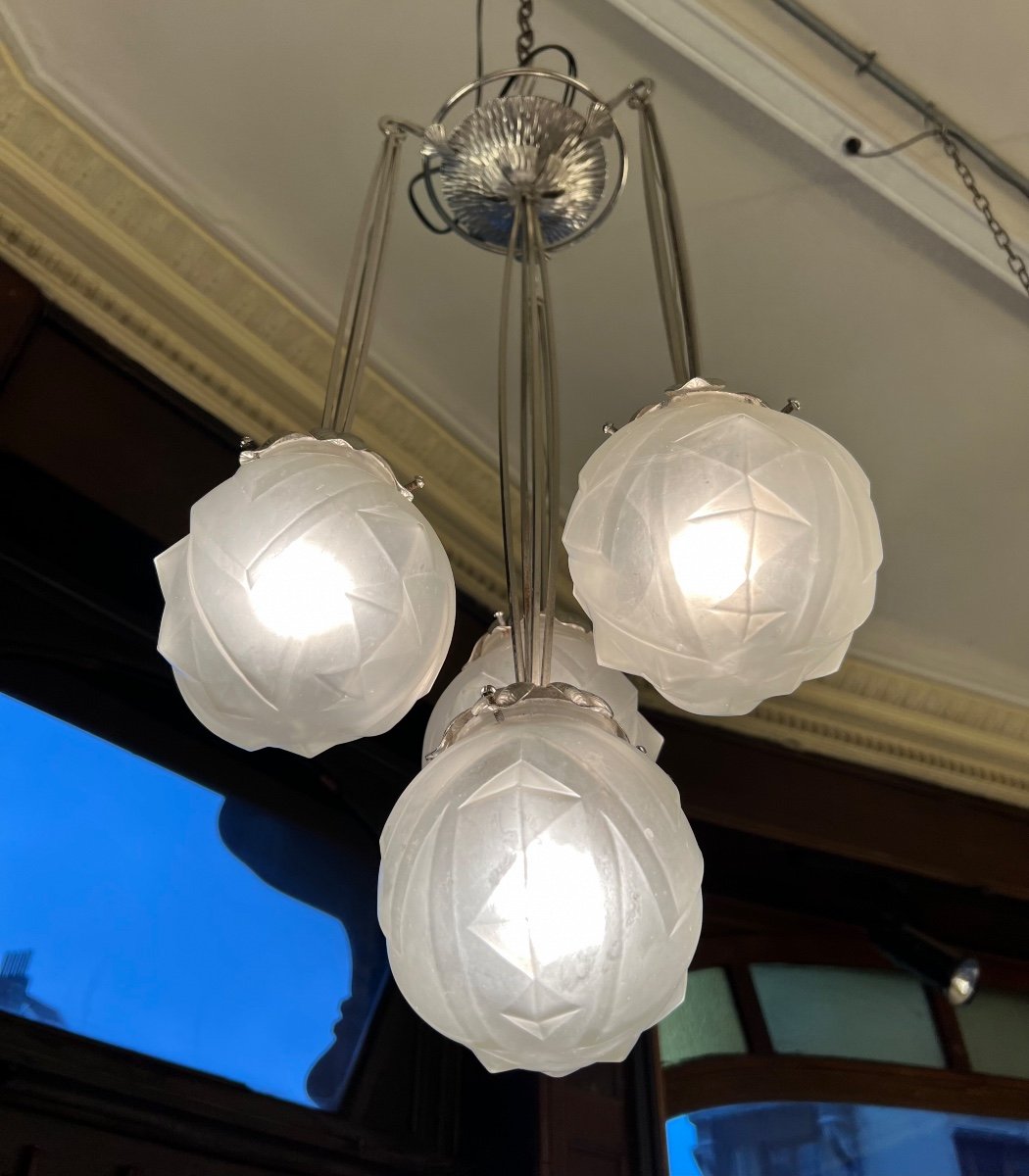 Rare Art Deco Chandelier "geometric Balls" Verrerie Des Vosges (art Deco Suspension 1930)-photo-5