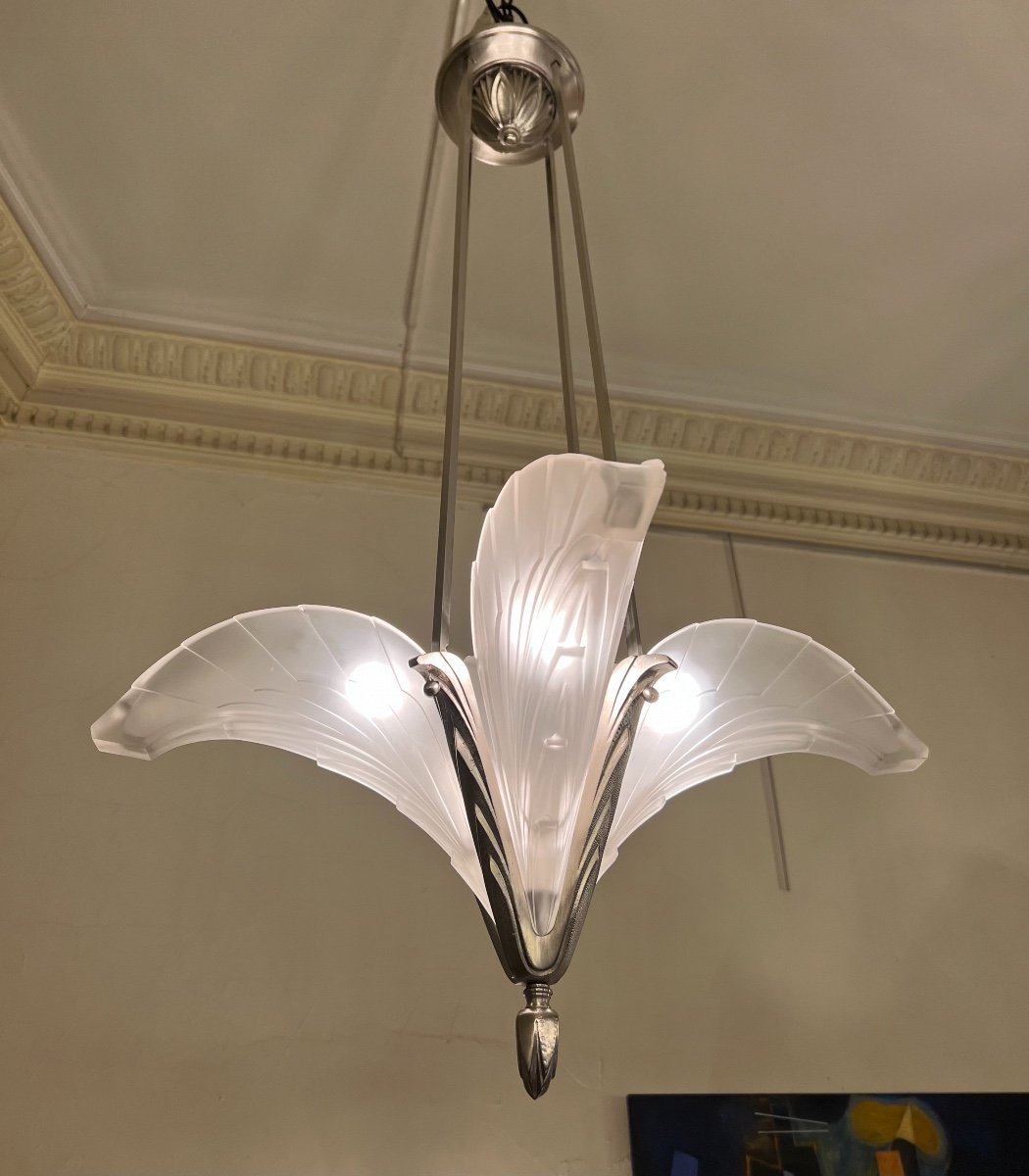 Superbe Lustre Art Déco Cornets «  Plumes » France 1930 ( Lustres / Suspension Art Deco 1930 ) -photo-2