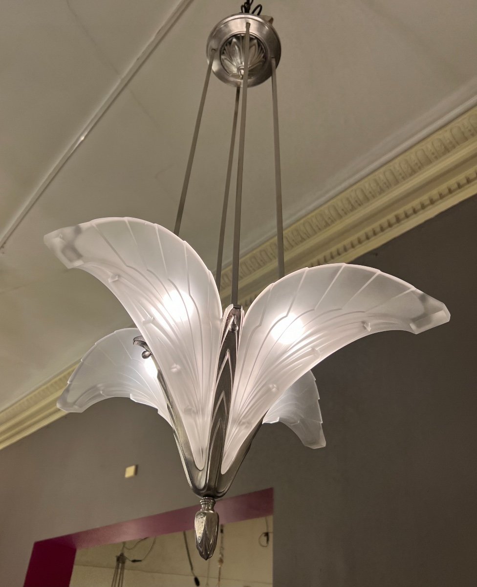 Superbe Lustre Art Déco Cornets «  Plumes » France 1930 ( Lustres / Suspension Art Deco 1930 ) -photo-2