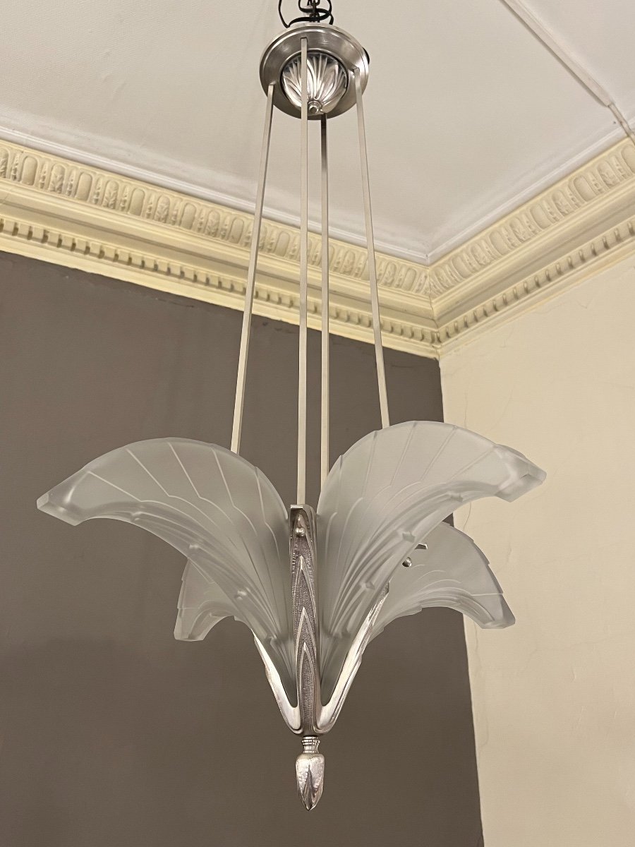 Superbe Lustre Art Déco Cornets «  Plumes » France 1930 ( Lustres / Suspension Art Deco 1930 ) -photo-8
