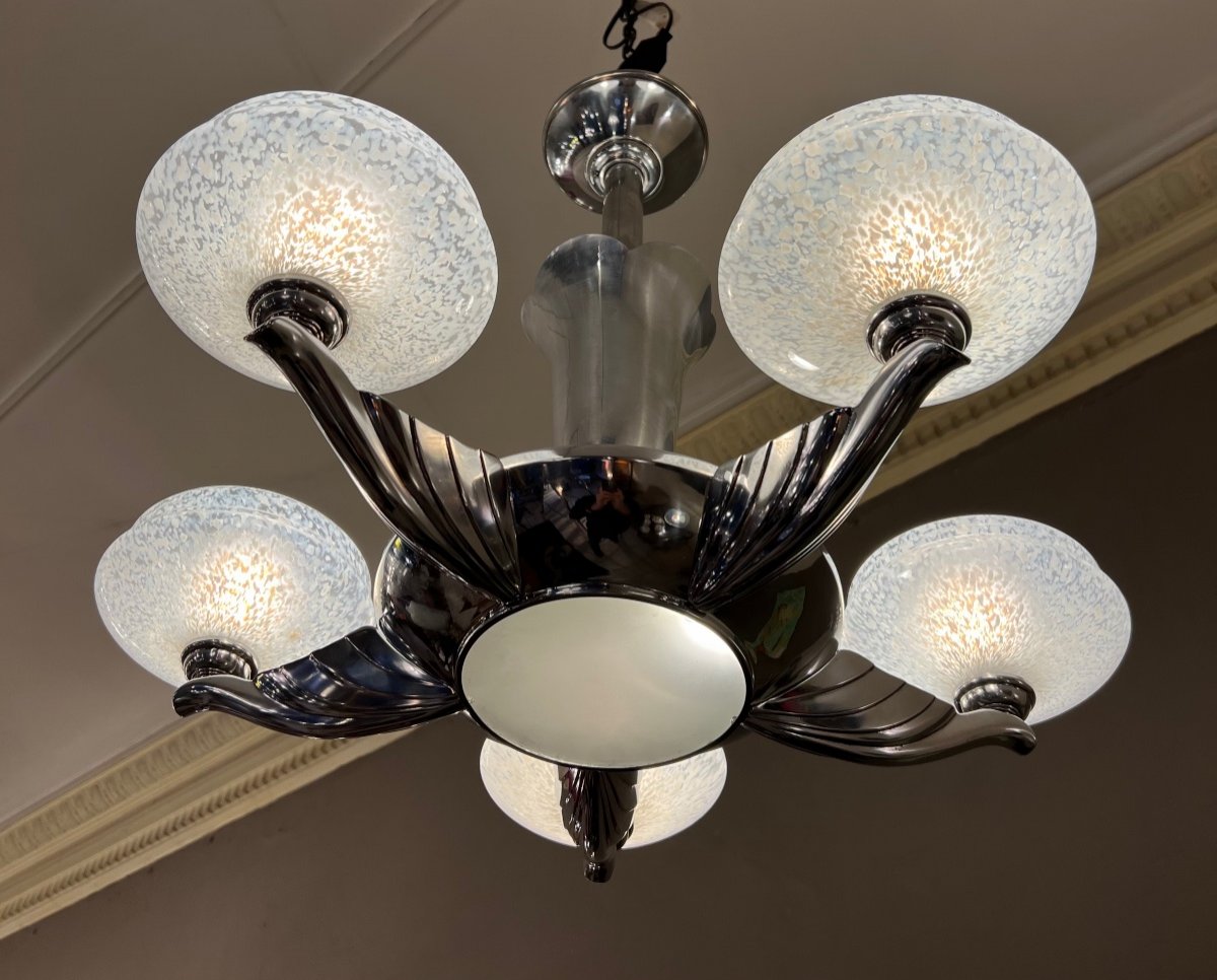 Splendide Lustre Art Déco Streamline Verrerie De Clichy ( Suspension - Lustres Art Deco 1930 ) -photo-3