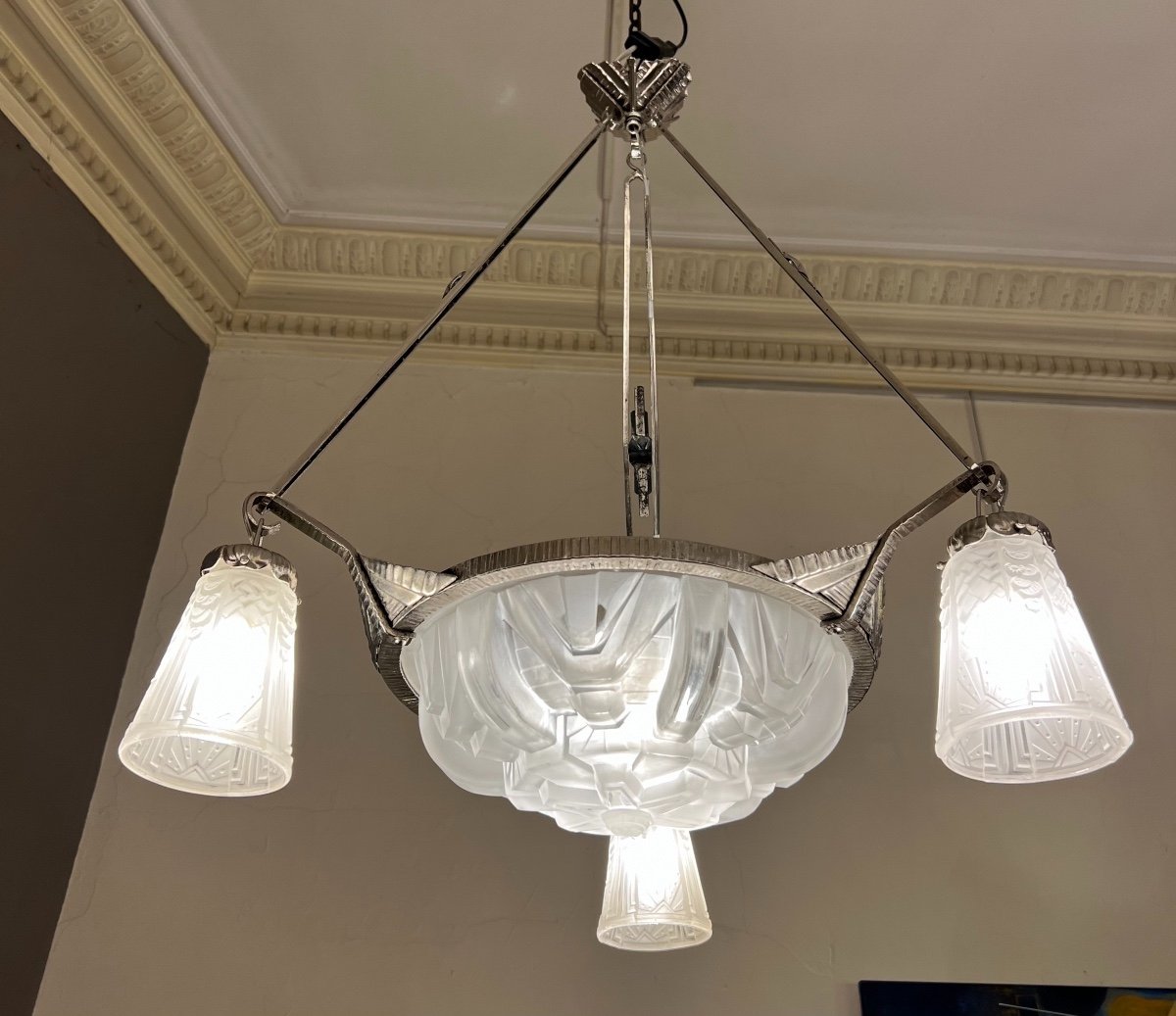 Art Deco Chandelier With Basin And Tulips Signed Müller Frères (suspension - Art Deco Chandeliers 1930)-photo-2
