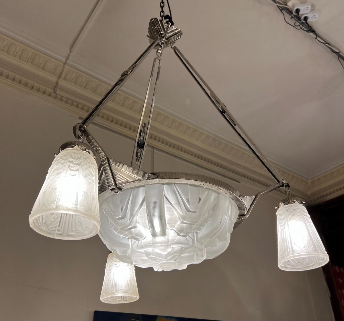 Art Deco Chandelier With Basin And Tulips Signed Müller Frères (suspension - Art Deco Chandeliers 1930)-photo-3