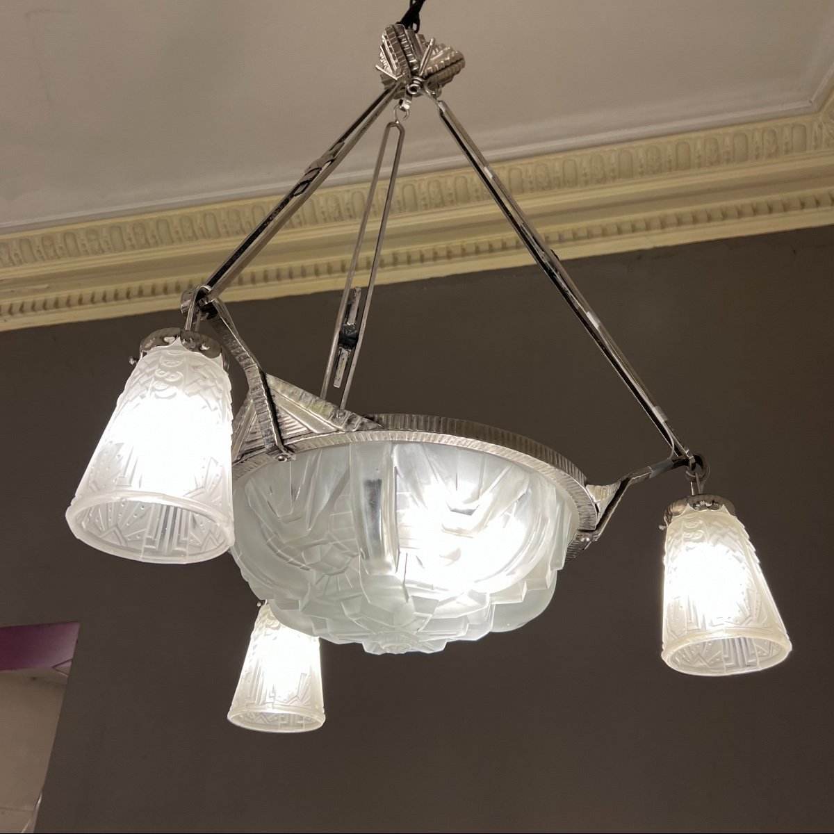 Art Deco Chandelier With Basin And Tulips Signed Müller Frères (suspension - Art Deco Chandeliers 1930)-photo-4