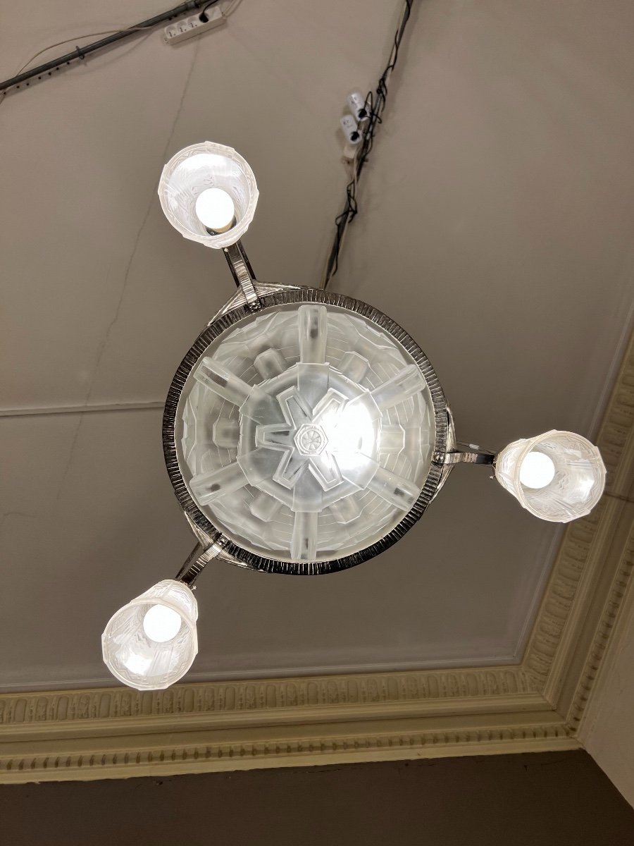 Art Deco Chandelier With Basin And Tulips Signed Müller Frères (suspension - Art Deco Chandeliers 1930)-photo-1