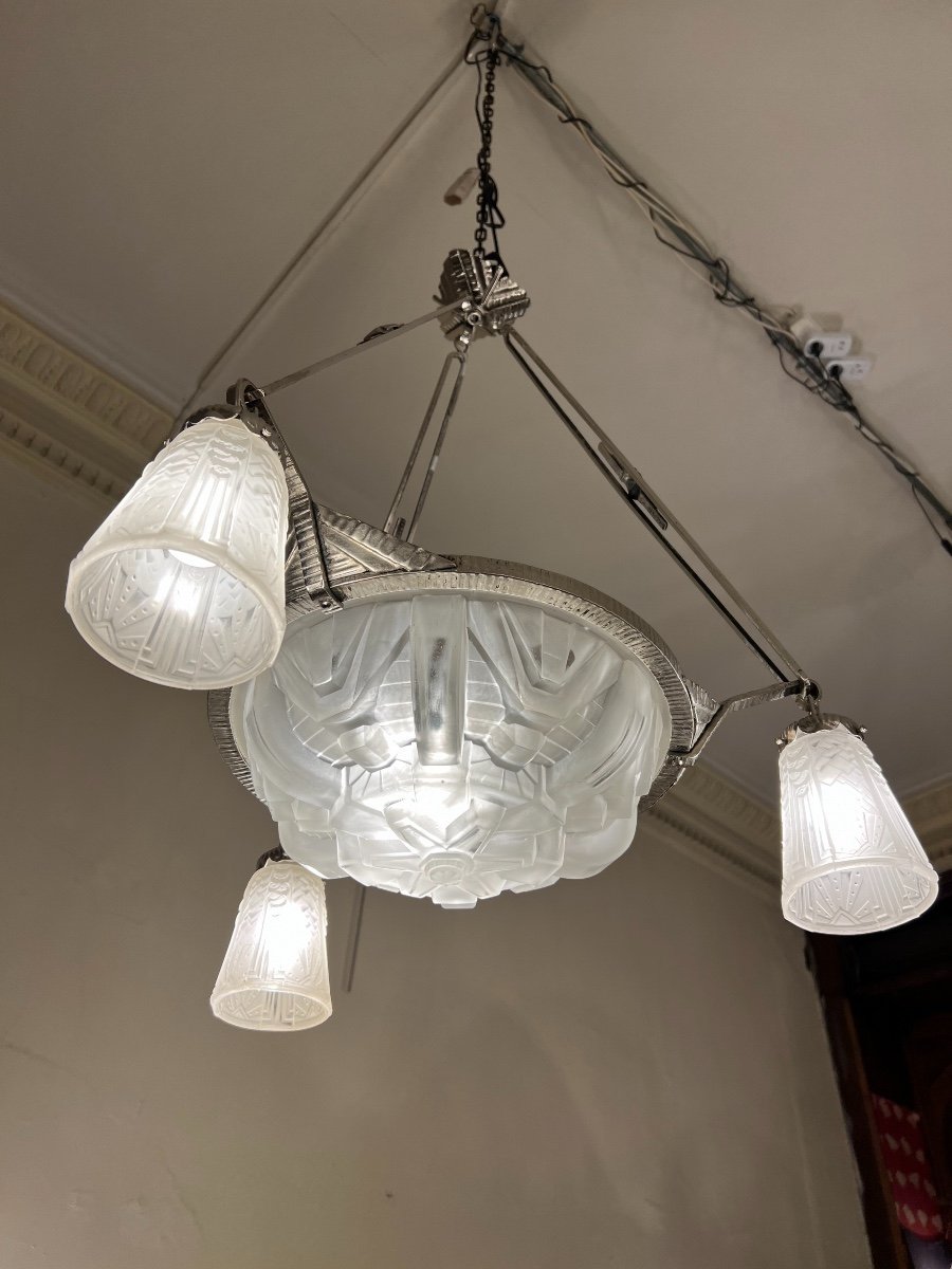 Art Deco Chandelier With Basin And Tulips Signed Müller Frères (suspension - Art Deco Chandeliers 1930)-photo-2