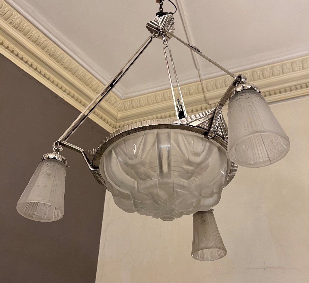 Art Deco Chandelier With Basin And Tulips Signed Müller Frères (suspension - Art Deco Chandeliers 1930)-photo-8