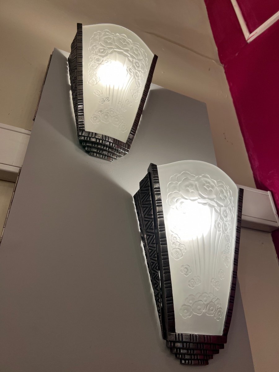 Superb Pair Of Art Deco "floral Bouquet" Sconces Signed Müller Frères (art Deco Sconce)-photo-4