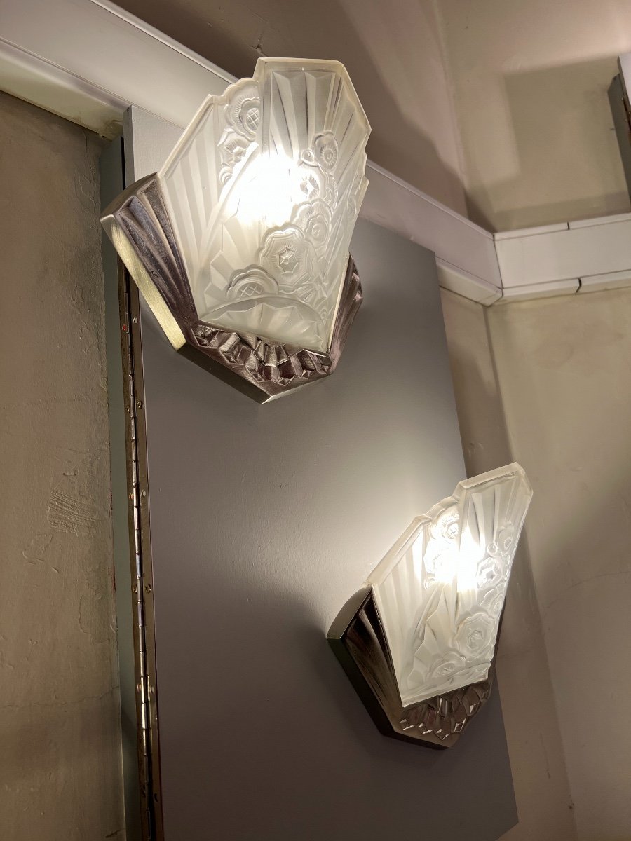 Paire D’appliques { 3 Pièces Dispos } Art Déco Signée J.robert ( Applique Art Deco 1930 ) -photo-3