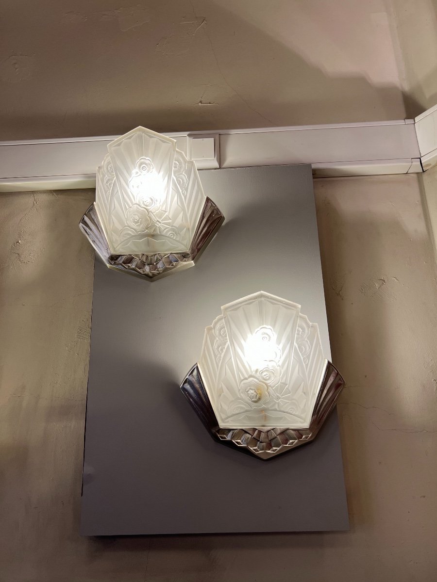 Paire D’appliques { 3 Pièces Dispos } Art Déco Signée J.robert ( Applique Art Deco 1930 ) -photo-4