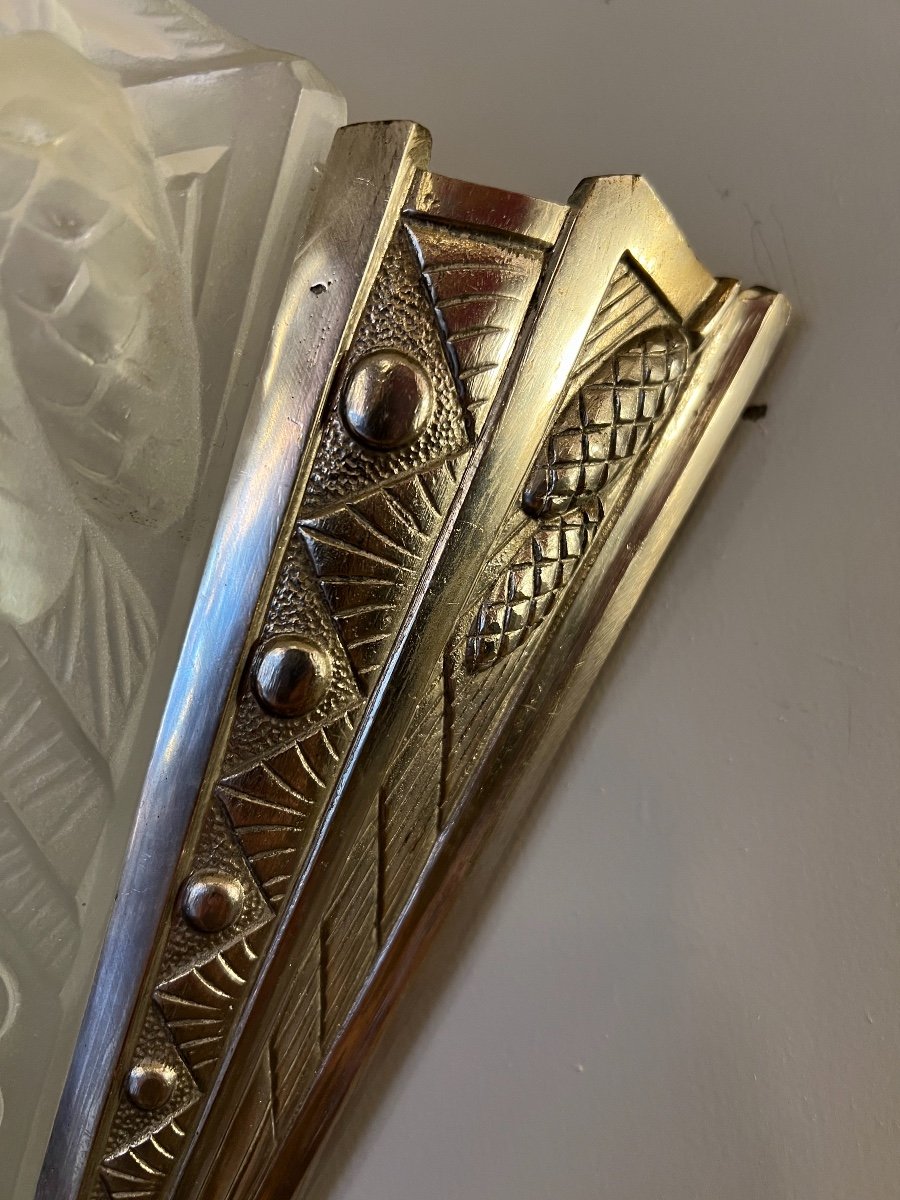 Applique Unique Art Déco En Bronze Nickelé Signée Noverdy France ( Appliques Art Deco 1930 ) -photo-7