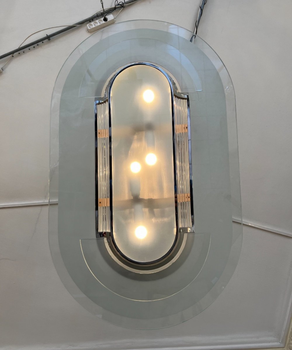 Exceptionnel Lustre Art Déco Moderniste Henri Petitot { Signé } ( Plafonnier Art Deco 1930 ) -photo-3