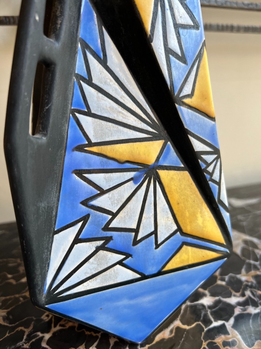 Vase Art Déco Signé Zenon Dufrasne Des Faïenceries  D’onnaing ( Vases Art Deco 1930 Cubiste )-photo-3