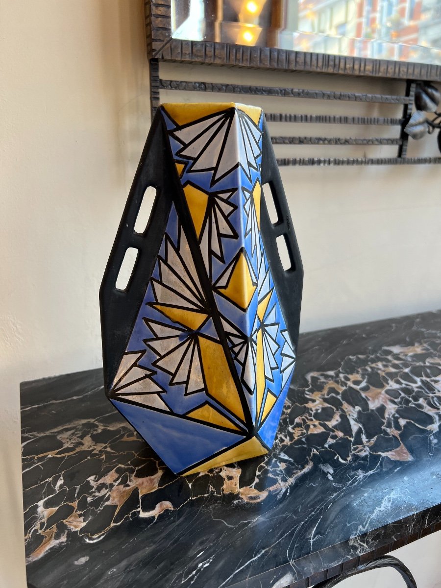 Vase Art Déco Signé Zenon Dufrasne Des Faïenceries  D’onnaing ( Vases Art Deco 1930 Cubiste )-photo-4