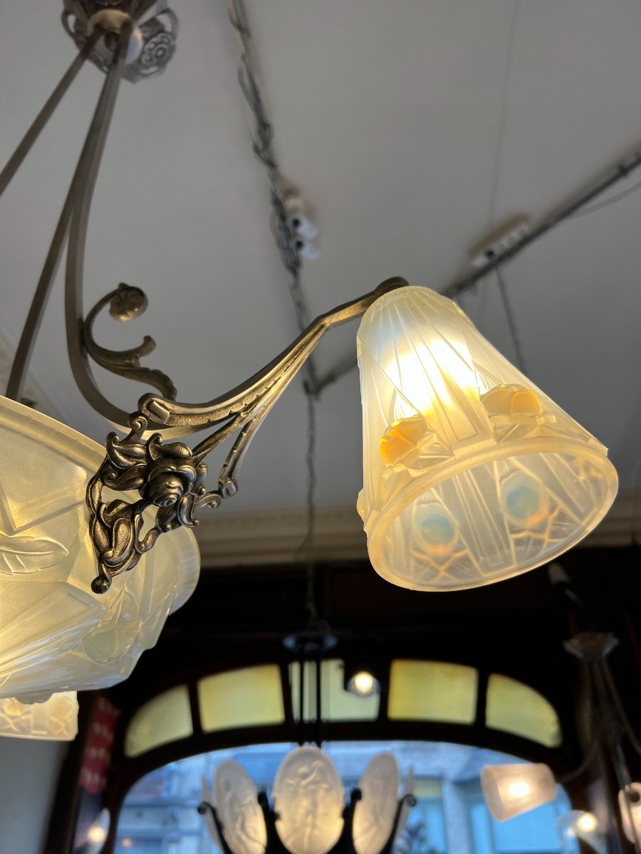 Art Deco Chandelier In Opalescent Glass Signed Ejg 1086 {jean Gauthier} (art Deco Chandelier 1930)-photo-3