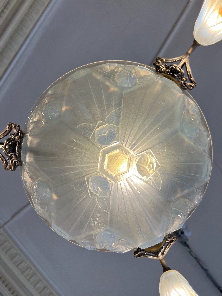 Art Deco Chandelier In Opalescent Glass Signed Ejg 1086 {jean Gauthier} (art Deco Chandelier 1930)-photo-4