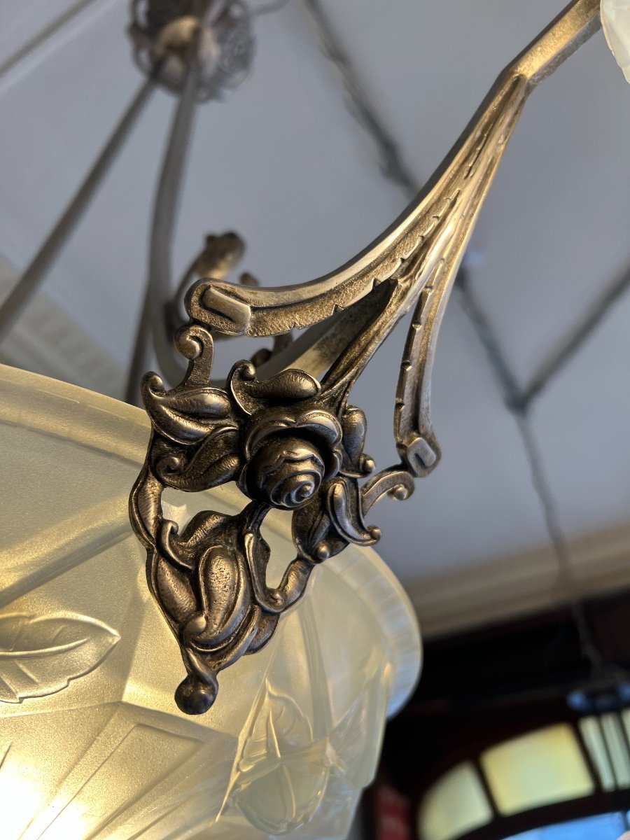Art Deco Chandelier In Opalescent Glass Signed Ejg 1086 {jean Gauthier} (art Deco Chandelier 1930)-photo-5