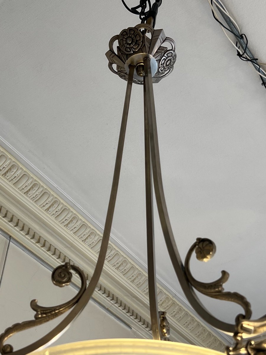 Art Deco Chandelier In Opalescent Glass Signed Ejg 1086 {jean Gauthier} (art Deco Chandelier 1930)-photo-6