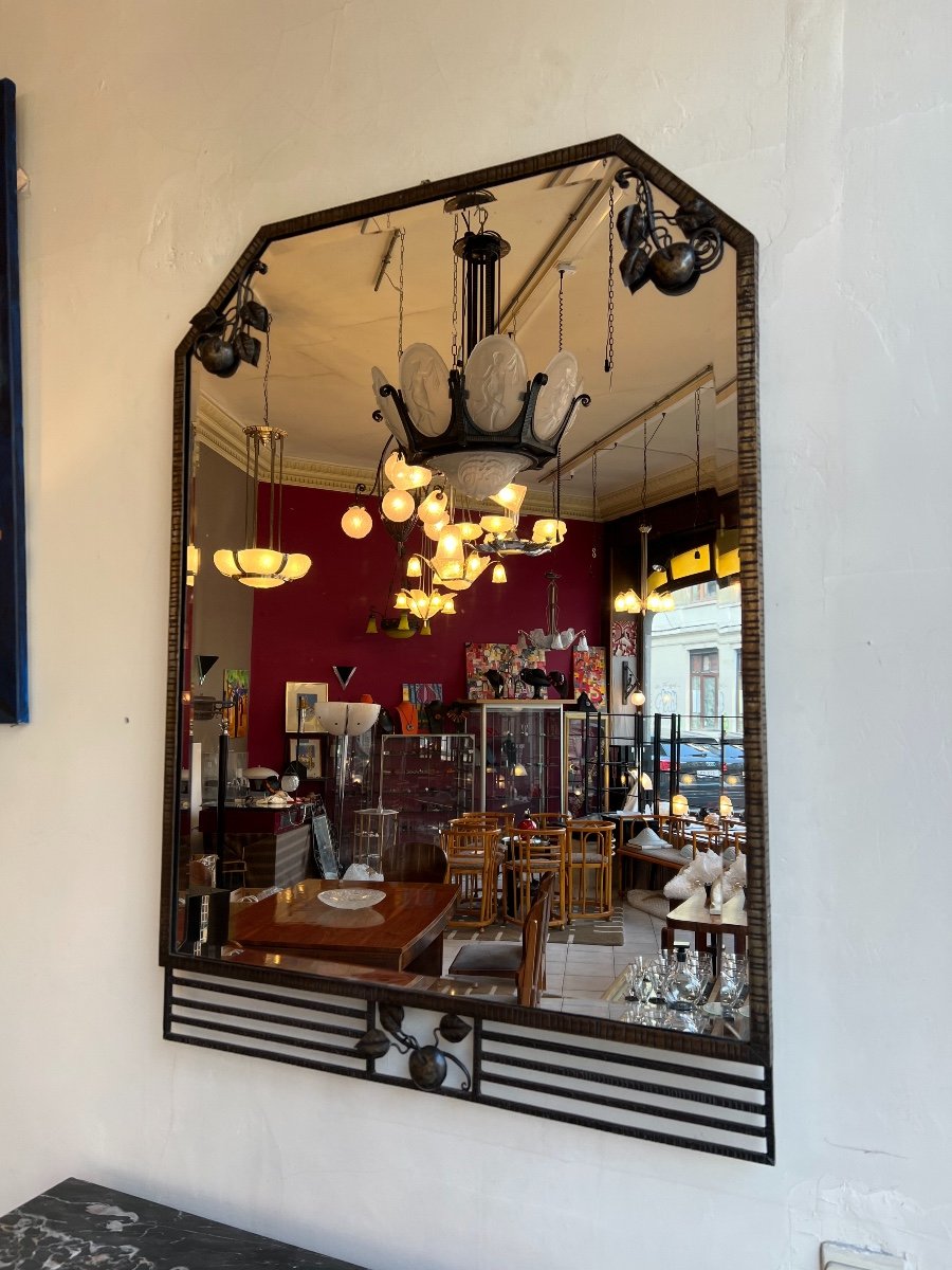 Console And Its Art Deco Mirror Patinated Wrought Iron And Portor Marble (art Deco Consoles 1930)-photo-5