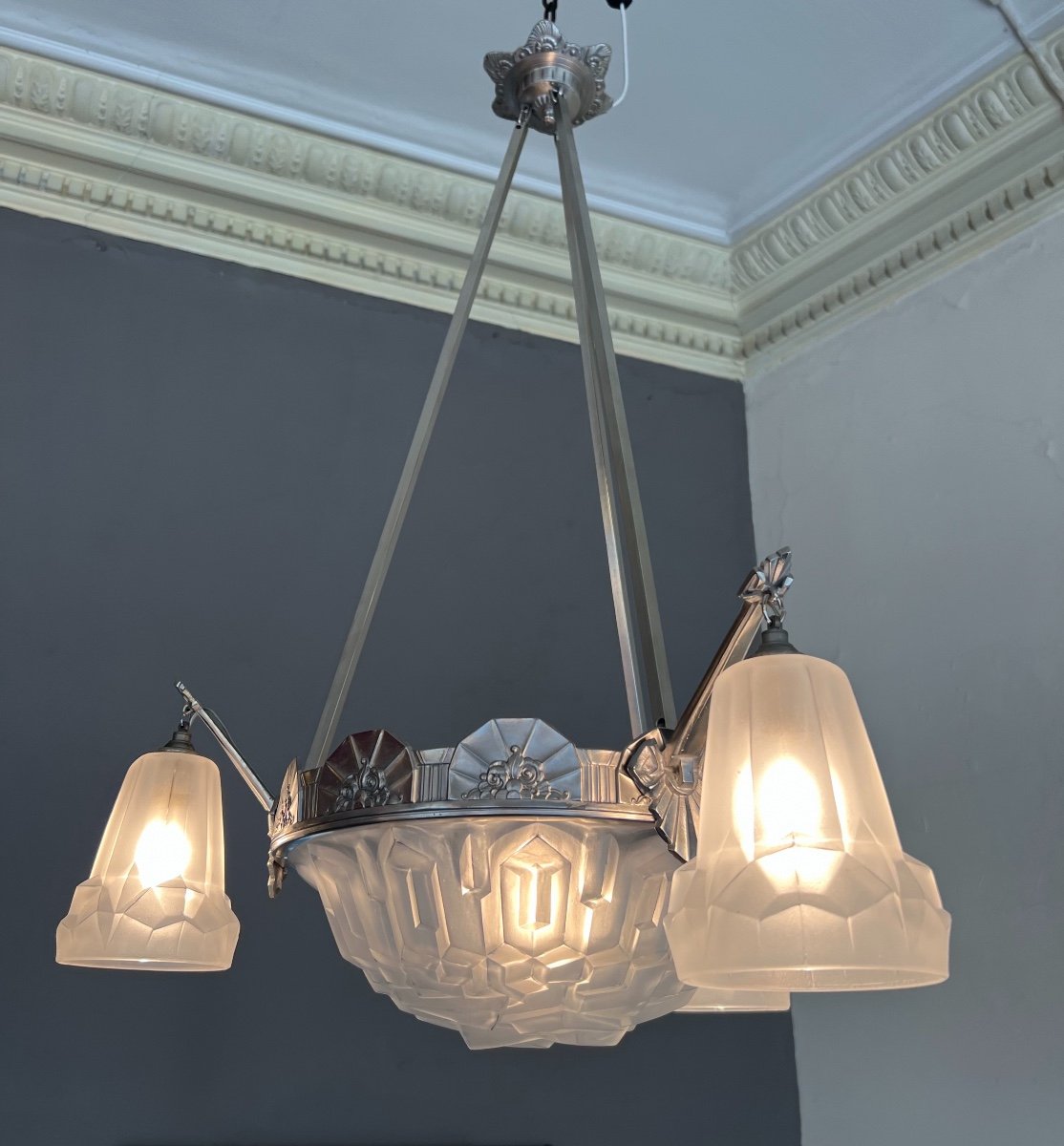 Lustre Art Déco Signé Degué à 3 Tulipes Et Une Vasque ( Suspension Art Deco 1930 ) -photo-4