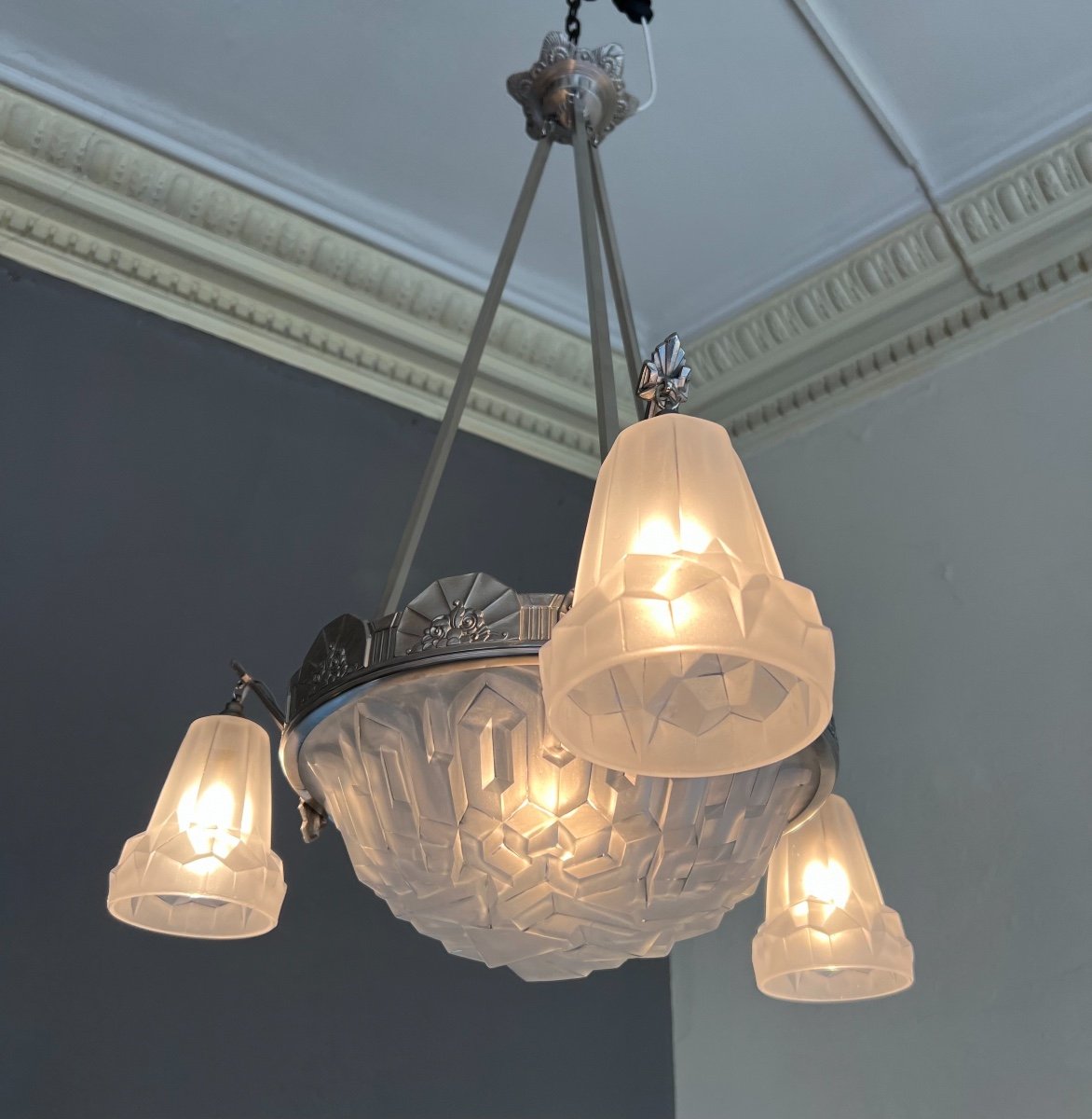 Lustre Art Déco Signé Degué à 3 Tulipes Et Une Vasque ( Suspension Art Deco 1930 ) 