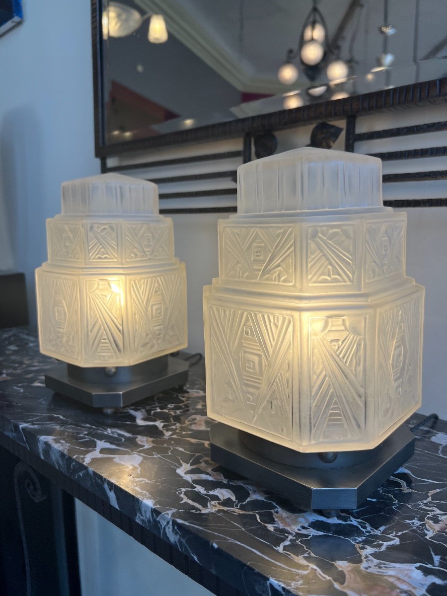Exceptional Pair Of Art Deco G.leleu Desk / Night Lights / Table Lamps (lamp 1930)-photo-2