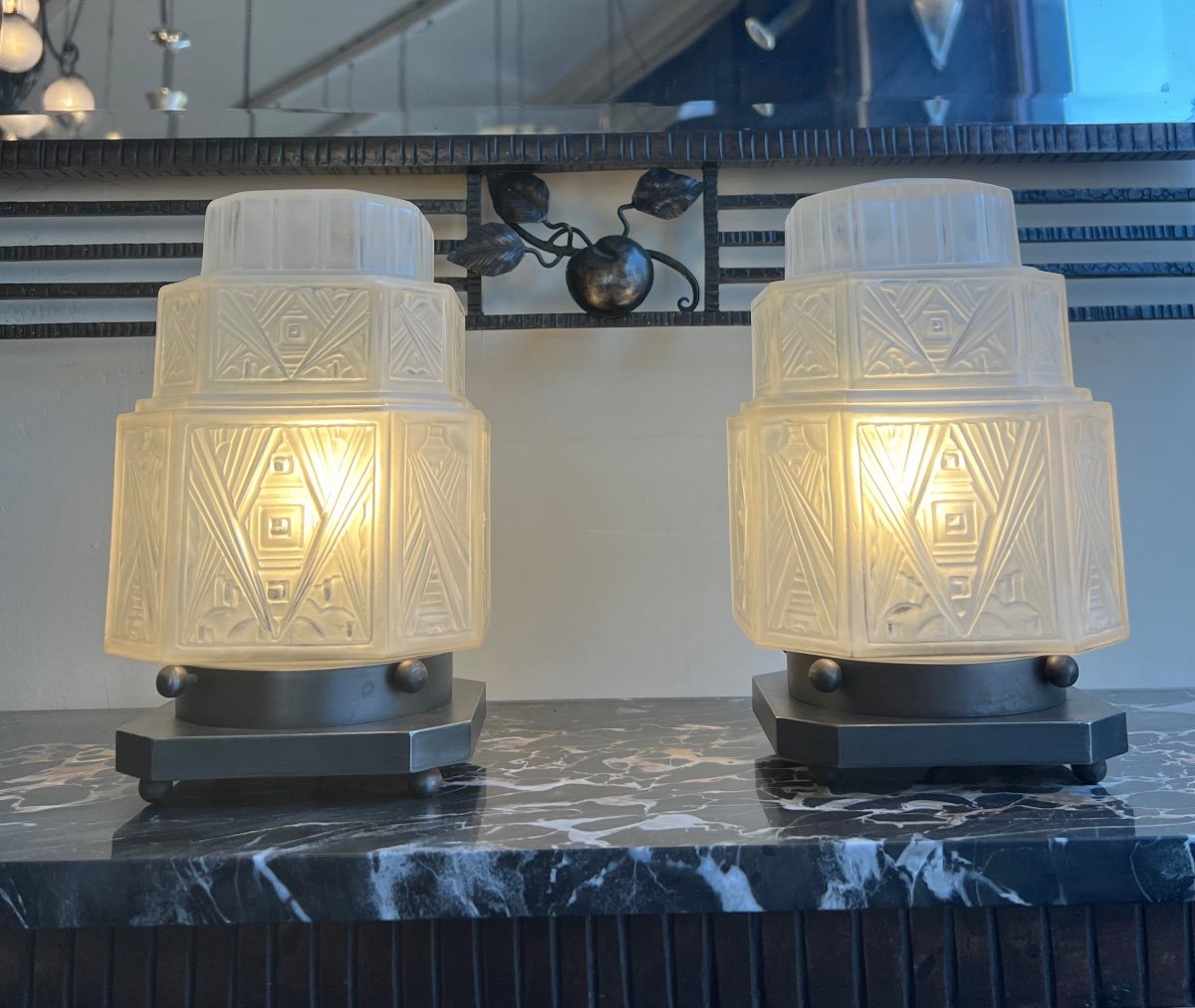 Exceptional Pair Of Art Deco G.leleu Desk / Night Lights / Table Lamps (lamp 1930)-photo-4
