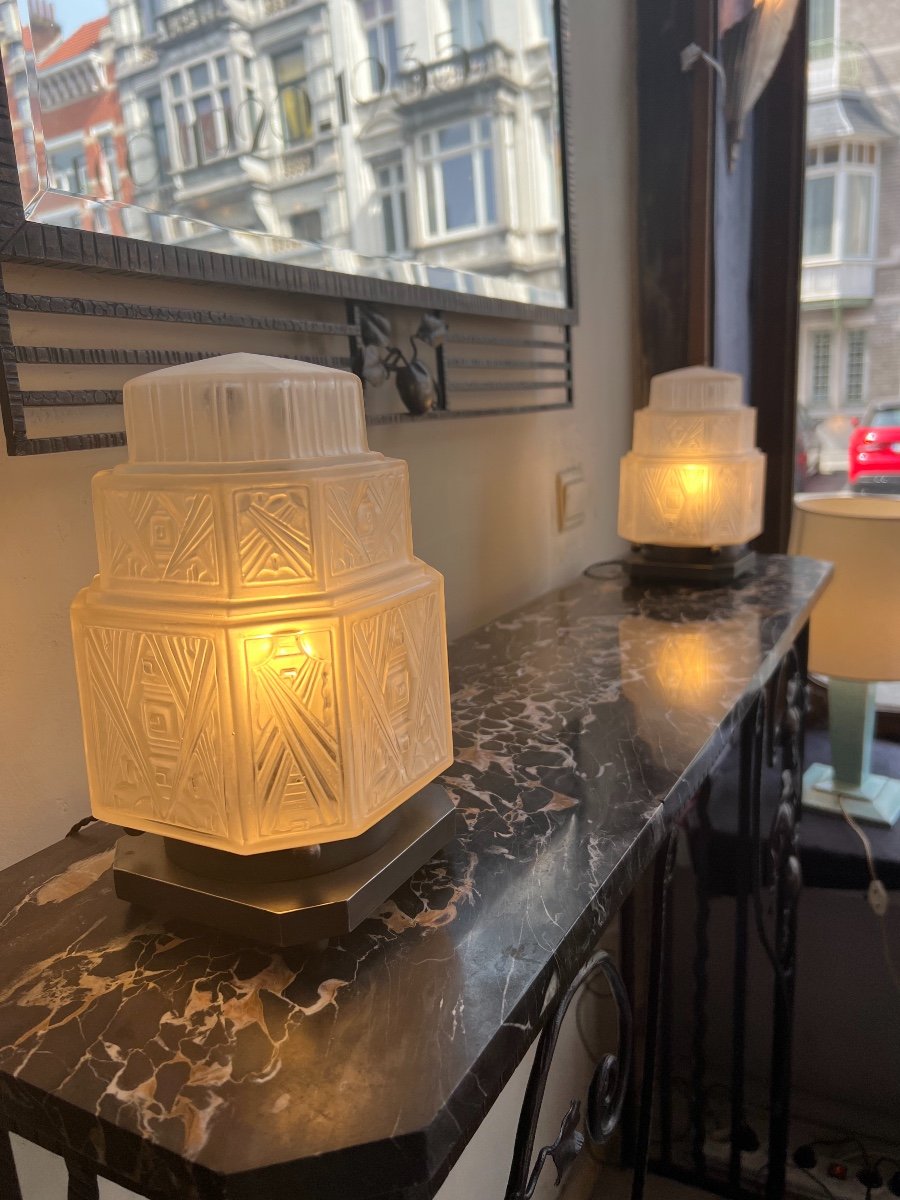 Exceptional Pair Of Art Deco G.leleu Desk / Night Lights / Table Lamps (lamp 1930)-photo-4