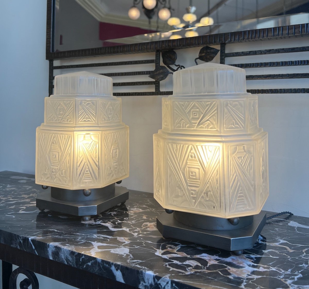 Exceptional Pair Of Art Deco G.leleu Desk / Night Lights / Table Lamps (lamp 1930)-photo-5