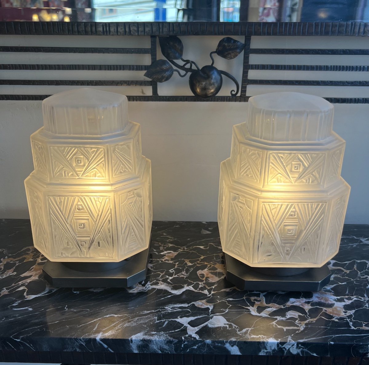 Exceptional Pair Of Art Deco G.leleu Desk / Night Lights / Table Lamps (lamp 1930)-photo-6