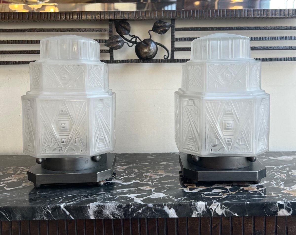 Exceptional Pair Of Art Deco G.leleu Desk / Night Lights / Table Lamps (lamp 1930)-photo-7