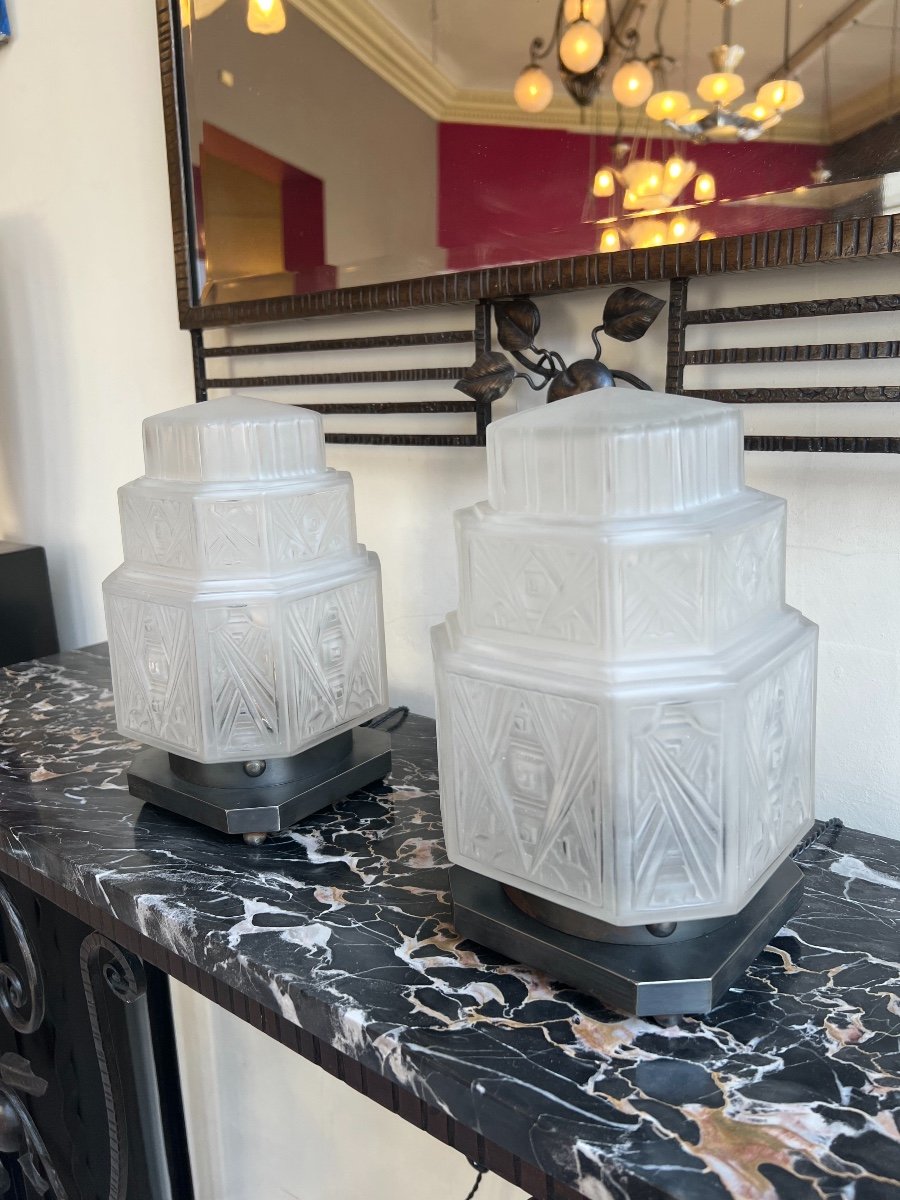 Exceptional Pair Of Art Deco G.leleu Desk / Night Lights / Table Lamps (lamp 1930)-photo-8