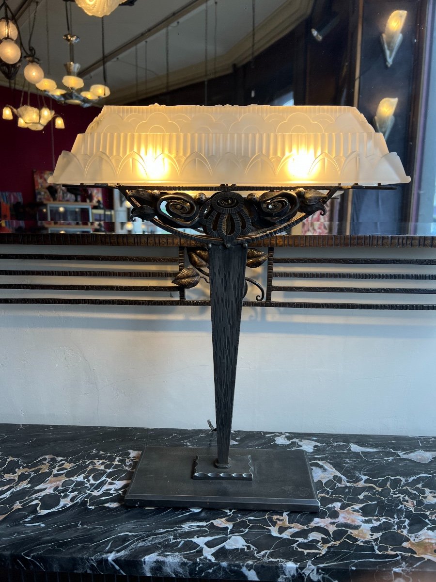 Grande Et Superbe Lampe Art Déco Verrerie Belge ( Val Saint Lambert ) { Lampes Art Deco 1930 ) -photo-2