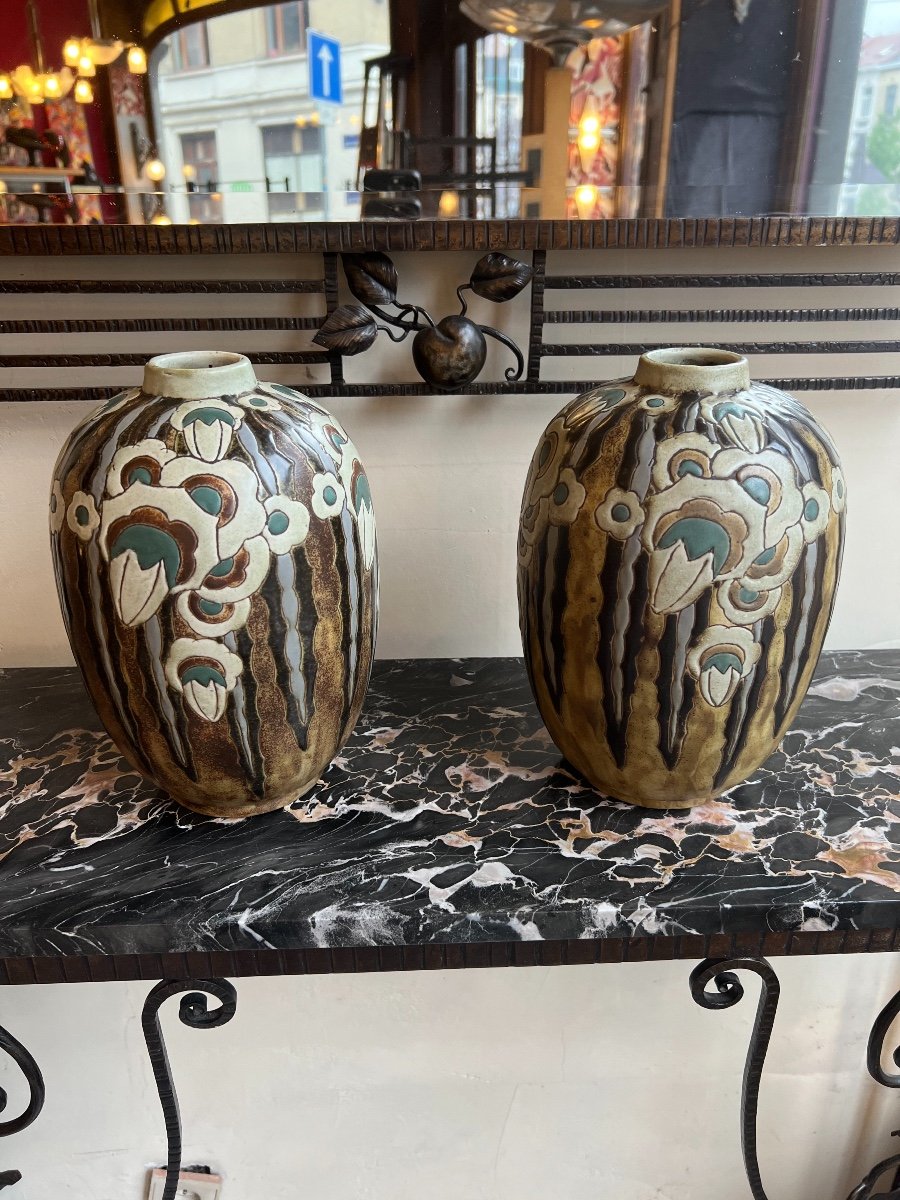 Rarissime Paire De Vases Art Déco En Grès Signés Charles Catteau D.1227 ( Vase Art Deco 1930 ) -photo-4