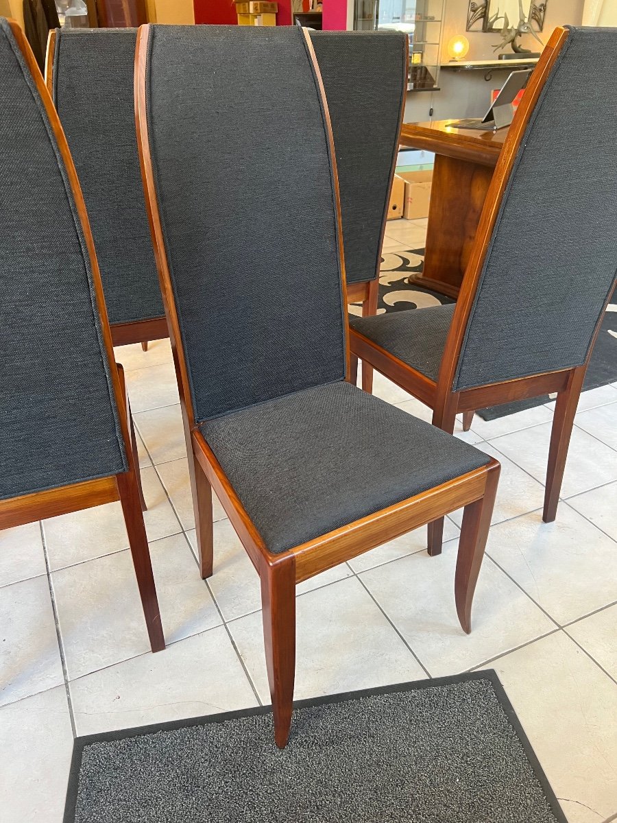 Suite / Set Of Six Art Deco Chairs In Cherry Wood And Velvet Fabric (1930 Art Deco Chair)-photo-2