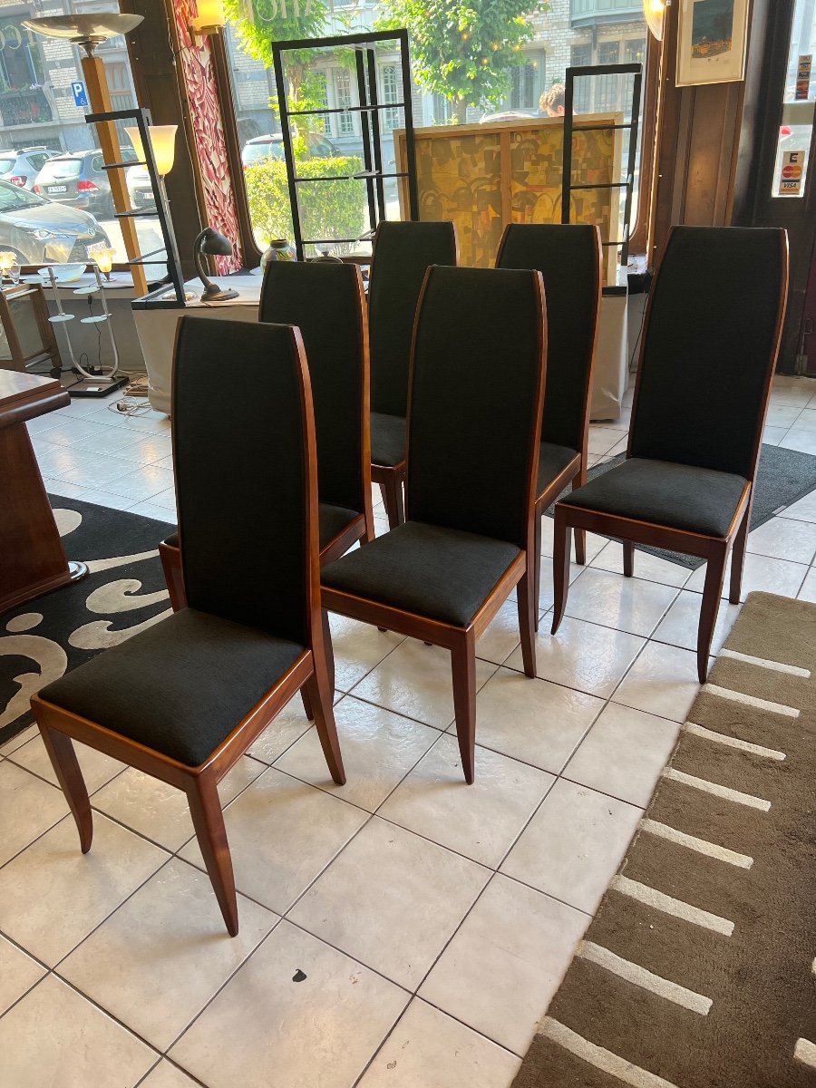 Suite / Set Of Six Art Deco Chairs In Cherry Wood And Velvet Fabric (1930 Art Deco Chair)-photo-4