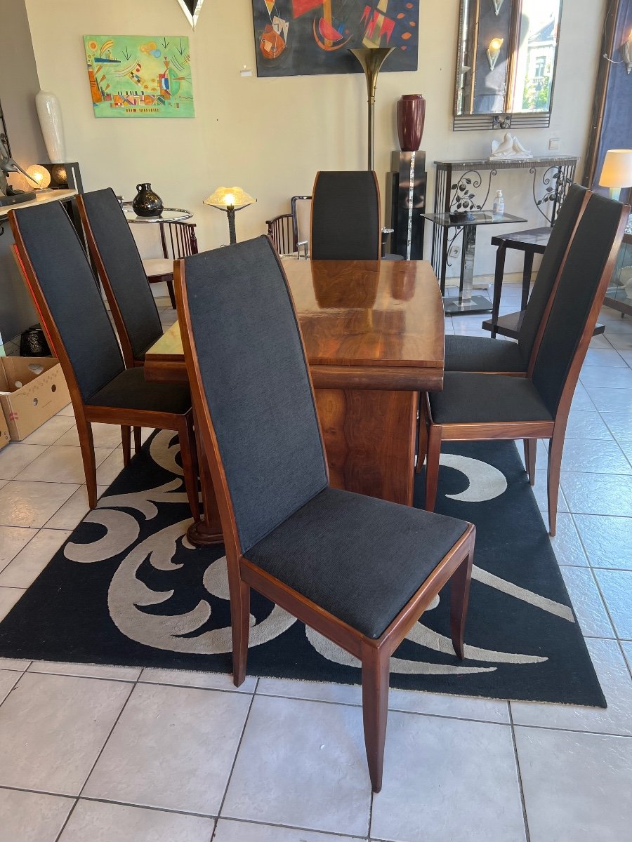 Suite / Set Of Six Art Deco Chairs In Cherry Wood And Velvet Fabric (1930 Art Deco Chair)
