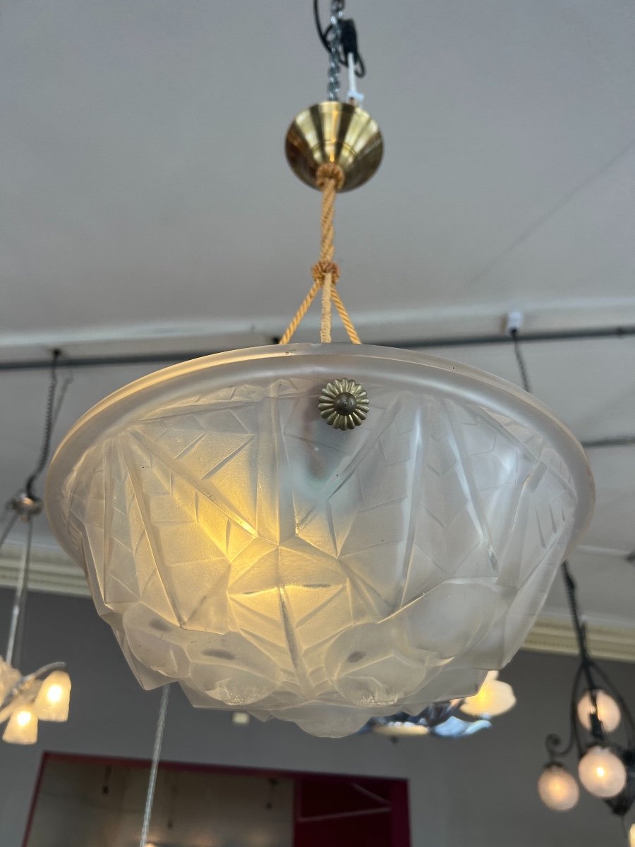 Suspension / Ceiling Lamp With Art Deco Basin Signed Degué {557} (art Deco Chandelier 1930)-photo-1