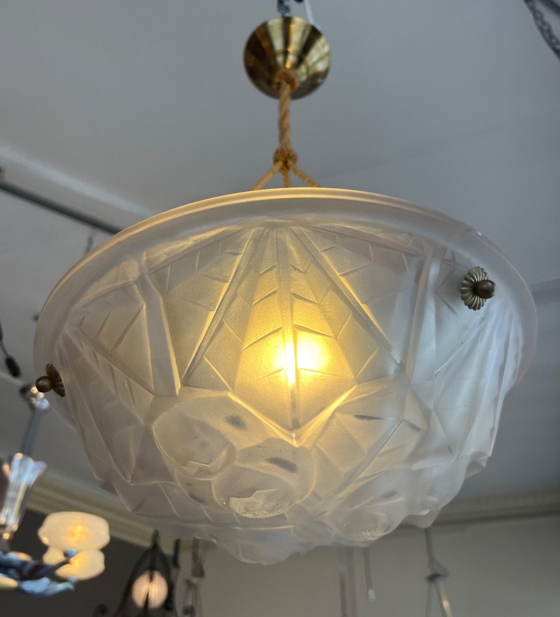 Suspension / Ceiling Lamp With Art Deco Basin Signed Degué {557} (art Deco Chandelier 1930)-photo-3