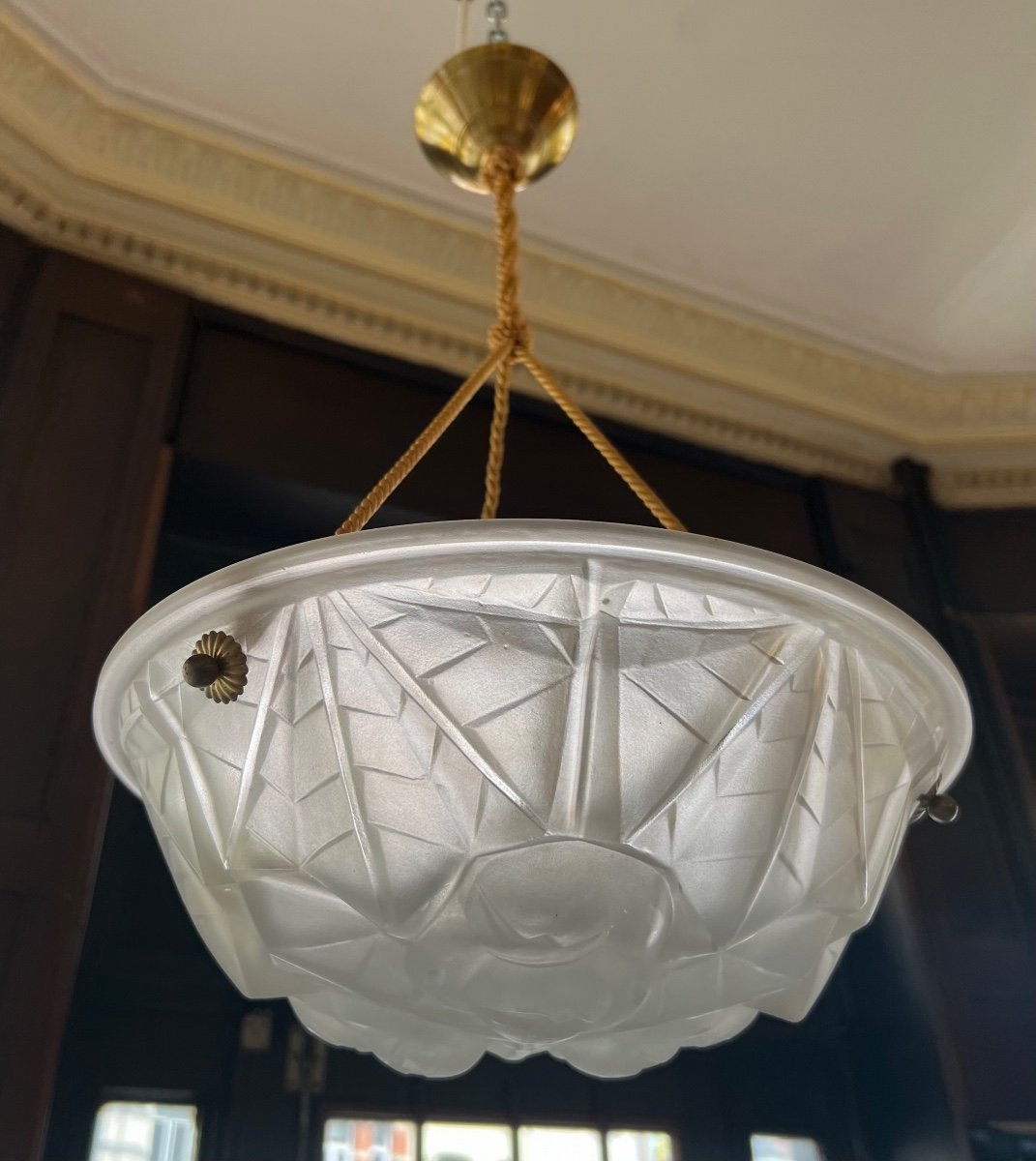 Suspension / Ceiling Lamp With Art Deco Basin Signed Degué {557} (art Deco Chandelier 1930)-photo-4