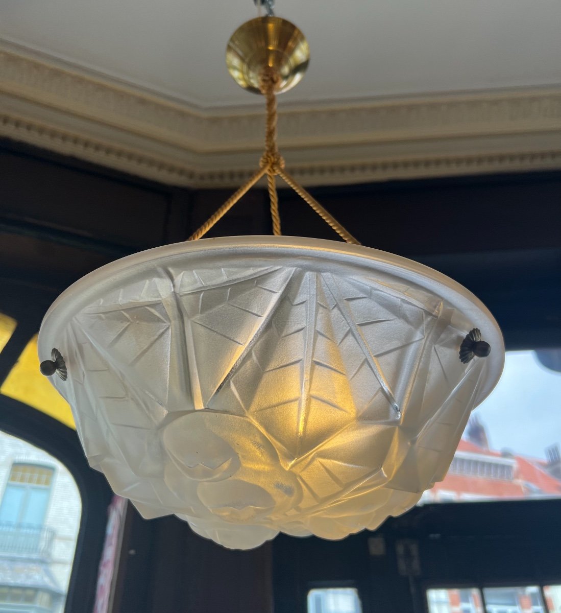 Suspension / Ceiling Lamp With Art Deco Basin Signed Degué {557} (art Deco Chandelier 1930)