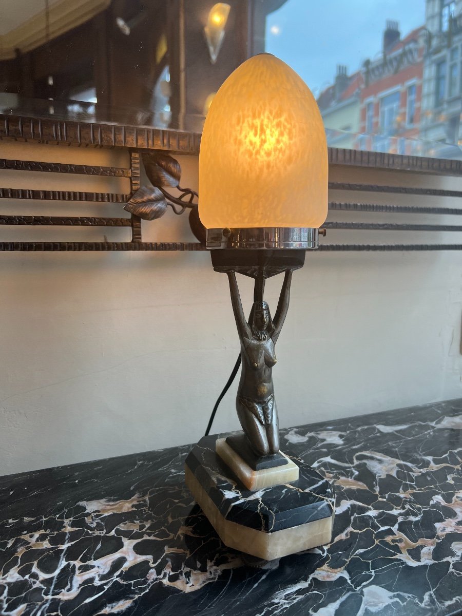 Rare Lampe à Poser Art Déco En Bronze et Marbre Signée Schneider ( Lampes Art Deco 1930 ) -photo-3